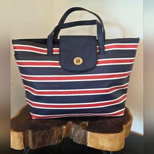 Tommy Hilfiger Navy, Red & White Striped Tote with Logo Medallion